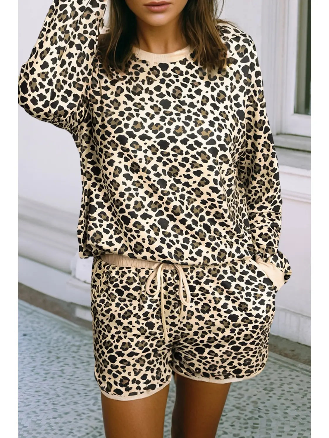 Leopard Print Long Sleeve Drawstring Shorts 2pcs Outfit