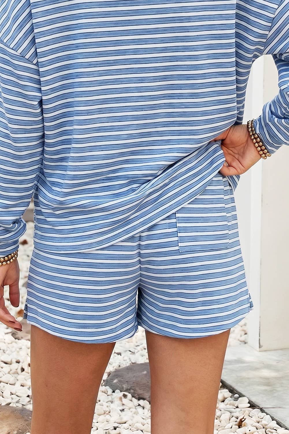 Casual Striped High Waist Long Sleeve Short Sets