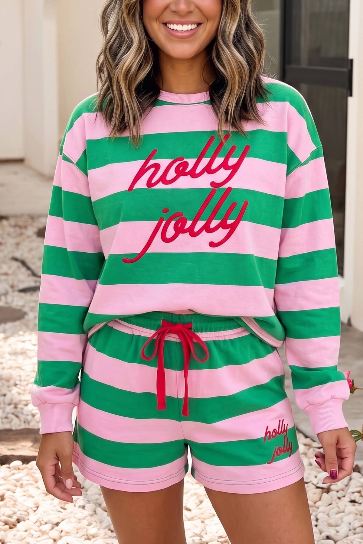 Christmas Holly Jolly Stripe 2pcs Shorts Lounge Set