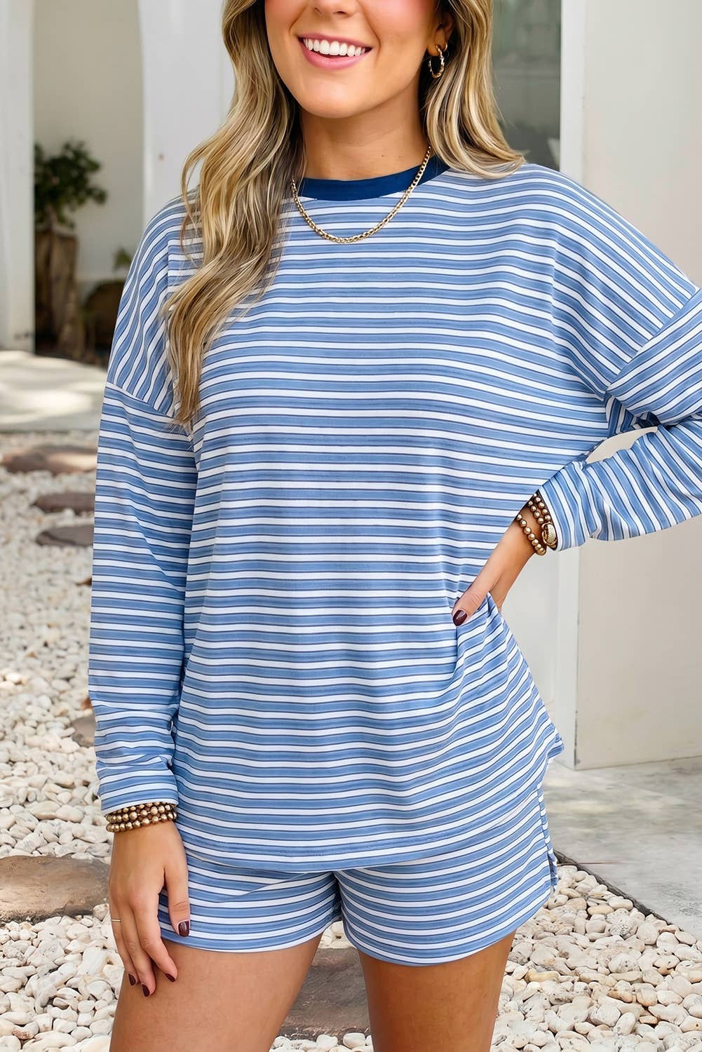 Casual Striped High Waist Long Sleeve Short Sets