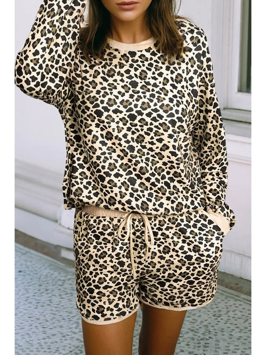 Leopard Print Long Sleeve Drawstring Shorts 2pcs Outfit
