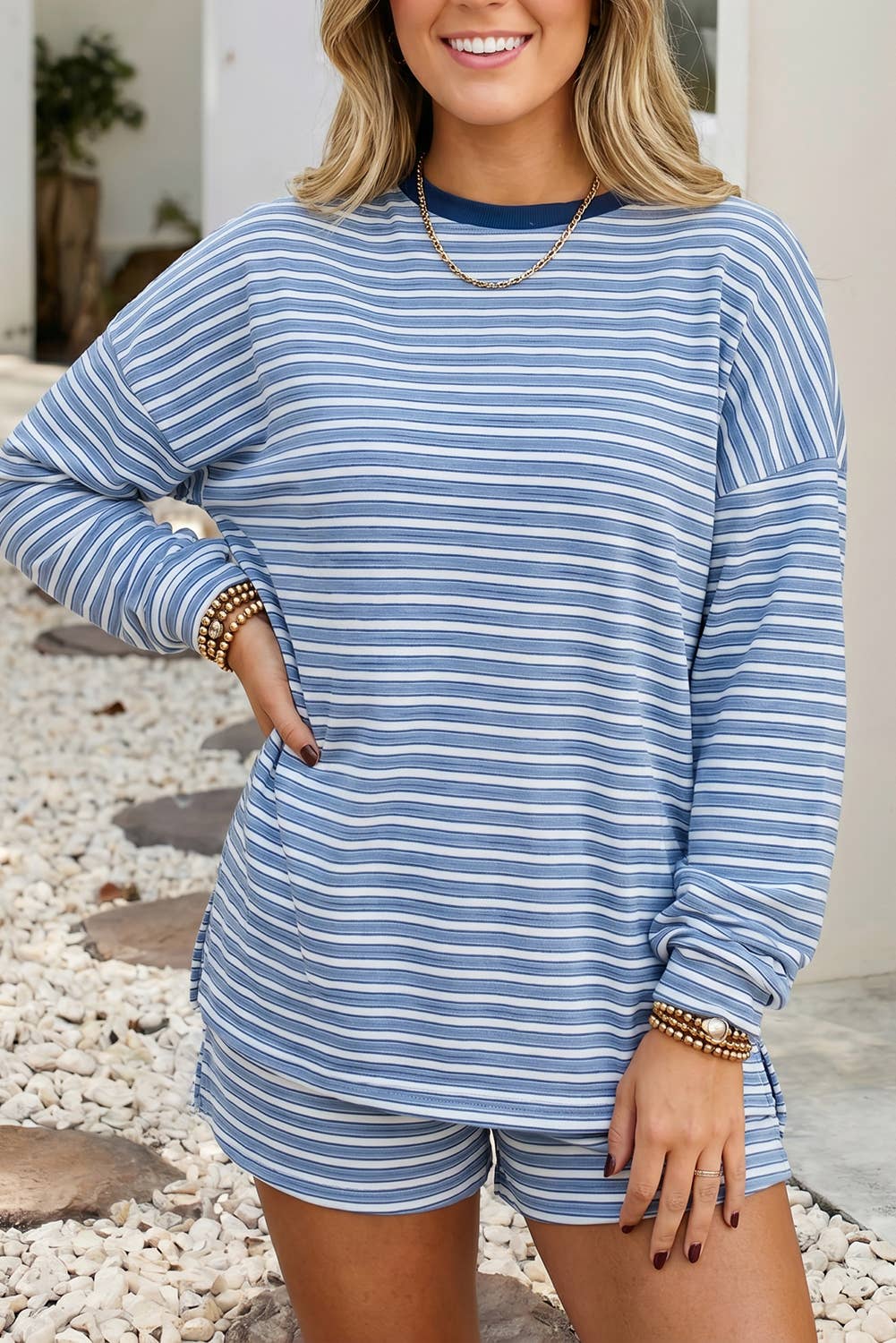 Casual Striped High Waist Long Sleeve Short Sets